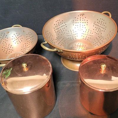 COPPER KITCHEN WARE - 2 COLLANDERS AND JARS