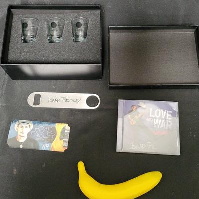 BRAD PAISLEY SIGNED MEMORABILIA- SHOT GLASSES, CD, TICKET, OPENER