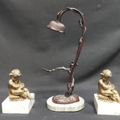 BRONZE TABLE LAMP AND BOOKENDS 