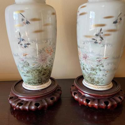Pair of Hand-Painted Asian Porcelain Vases with Stands