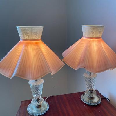 Pair of Vintage Glass Table Lamps with Pink Pleated Shades