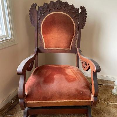 Antique Victorian Carved Rocking Chair with Velvet Upholstery