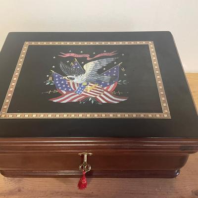 Patriotic Eagle Inlay Wooden Keepsake Box or Humador with Lock & Key