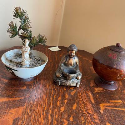 Asian-Inspired Decor Trio – Bonsai Diorama, Buddha Incense Holder & Carved Lidded Bowl