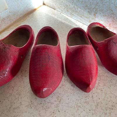 Set of Two Vintage Red Hand-Carved Wooden Dutch Clogs