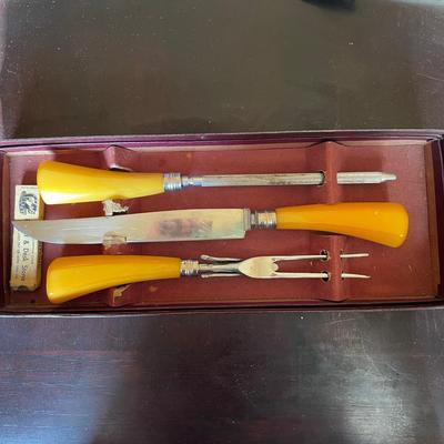 Vintage Carving Set with Butterscotch Bakelite Handles in Original Box