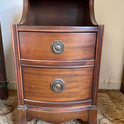 Vintage Wooden Nightstand with Bow Front and Open Shelf
