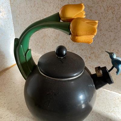 Ancona Hummingbird & Yellow Tulip Whistling Tea Kettle – Black Enamel