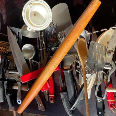 Assortment of Vintage & Modern Kitchen Utensils with Crock