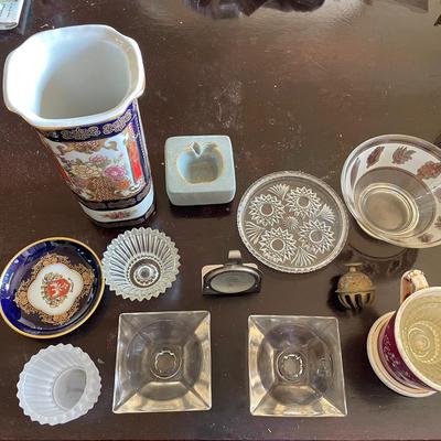 Mixed Decorative Glassware & Porcelain Lot – Vase, Dishes, Candleholders, More