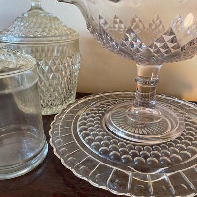 Vintage Indiana Glass Diamond Point Compote & Candy Dish Set – Clear Pressed Glass