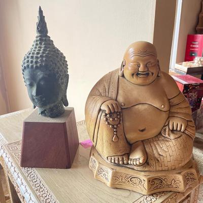 Pair of Buddha Figures – Laughing Buddha & Bronze-Style Head on Wood Base