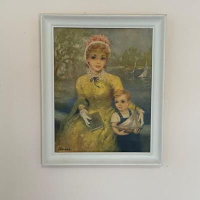 Vintage Original Painting on Canvas by Denise (Florence Kroger) – Mother and Child by the Lake