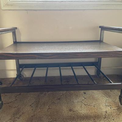 Vintage Mid-Century Rolling Media Cart with Wood Grain Top & Magazine Rack