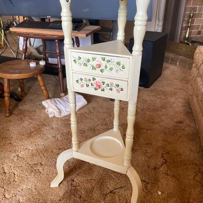 Hand-Painted Pedestal Accent Table with Pink Rose Floral Motif