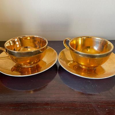 Set of Two Vintage Karol China Teacups and Saucers with 22K Gold Finish
