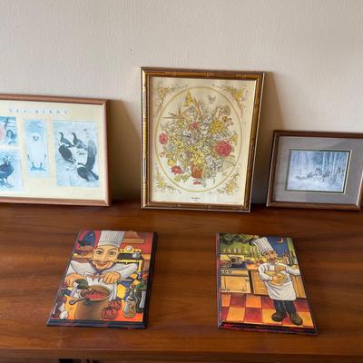 Framed Art Lot – Chef Prints, Embroidery, Sea Birds & More (5 Pieces)