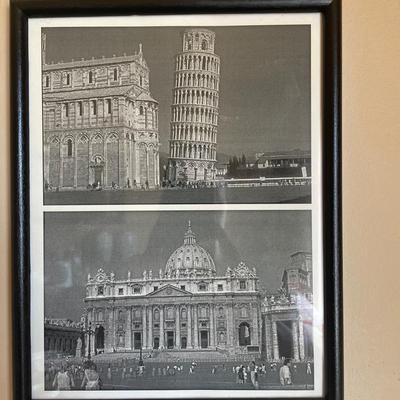 Framed European Prints – Eiffel Tower, Arc de Triomphe, Vatican & Leaning Tower of Pisa (1973)