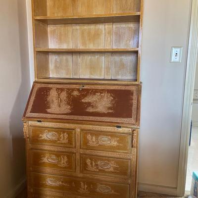 Vintage Hand-Carved Secretary Hutch with Nautical Motif