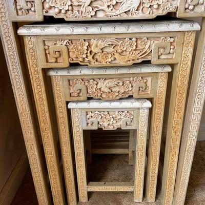 Vintage Asian-Inspired Hand-Carved Nesting Tables
