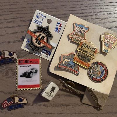 Collection of Vintage Pins and Items - Giants, Hot Rod, Skiing, More!