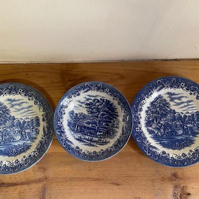 Churchill Currier & Ives “Harvest” Blue & White Dinner Plates – Set of 3