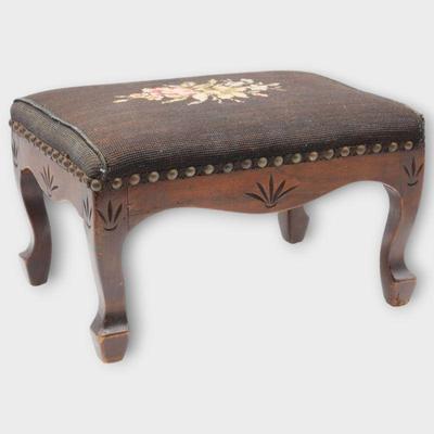 Handmade Needlepoint Footstool with Floral Motif