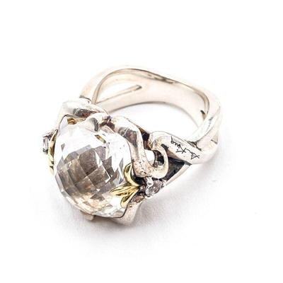 925 Silver and 18K Gold Ring with Faceted Stone Size 7