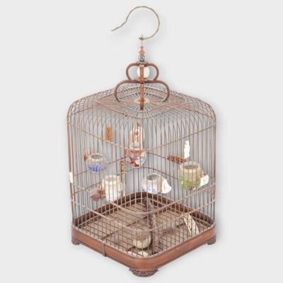 Vintage Asian-Style Canary Cage with Sparrow Figurine
