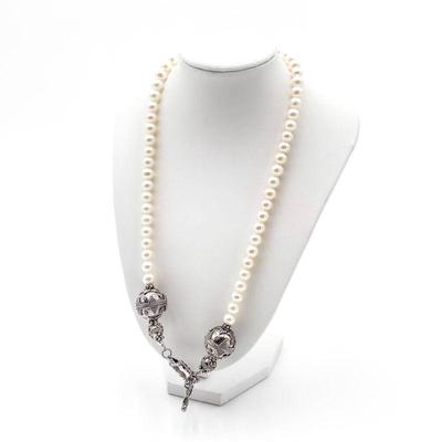 925 Silver and Pearl Beaded Necklace with Decorative Clasp