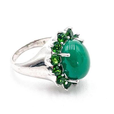 925 Thailand Silver Ring with Green Stones Size 7