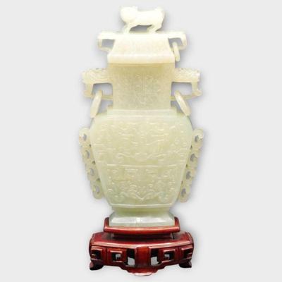 Carved Jade Vessel With Lid and Wooden Stand