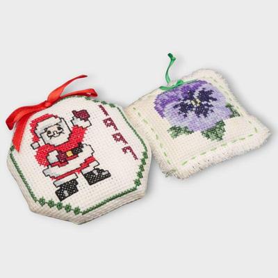 Pair of Handcrafted Cross-Stitched Pillow Ornaments