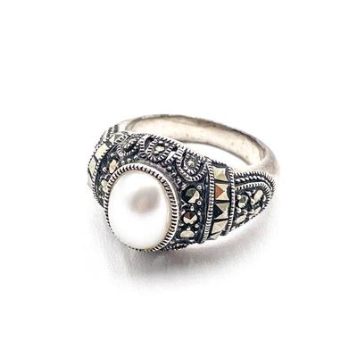 Sterling Silver With Pearl and Marcasite Accents Ring Size 7