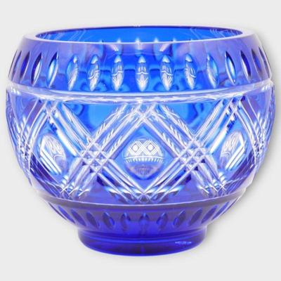 Cobalt Blue Cut Glass Bowl with Geometric Patterns