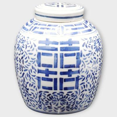 Asian-Style Blue and White Ceramic Lidded Urn