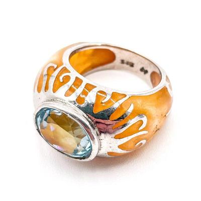 925 Silver Ring with Yellow Enamel and Blue Gemstone, Size 7
