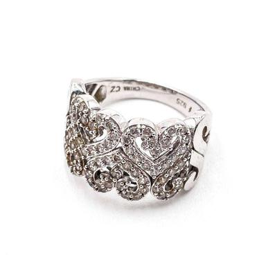 Sterling Silver 925 CZ Hearts Ring, Size 8