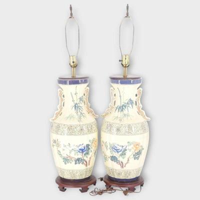 Pair of Ceramic Table Lamps With Floral Motif and Wood Bases