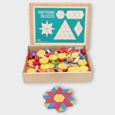 Vintage Wooden Pattern Blocks Set in Original Box