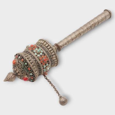 Antique Tibetan Prayer Wheel with Coral and Turquoise