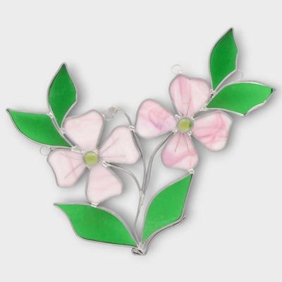 Stained Glass Floral Panel With Pink Flowers and Green Leaves