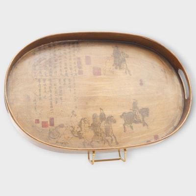 Asian-Style Tea Tray with Illustrations and Calligraphy