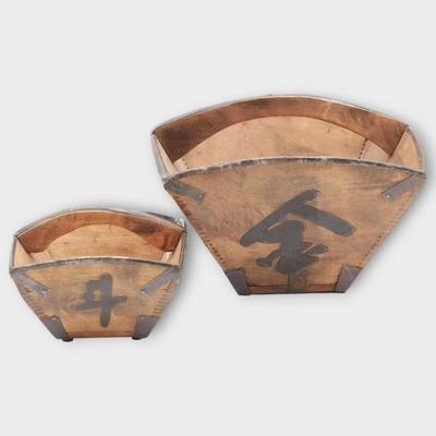 Rustic Asian-Style Metal and Wood Buckets with Felt Bottoms