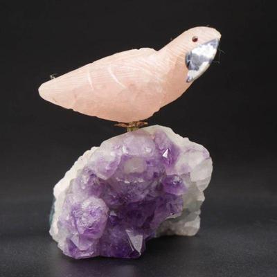 Precious Stone Parrot Sculpture on Amethyst Base