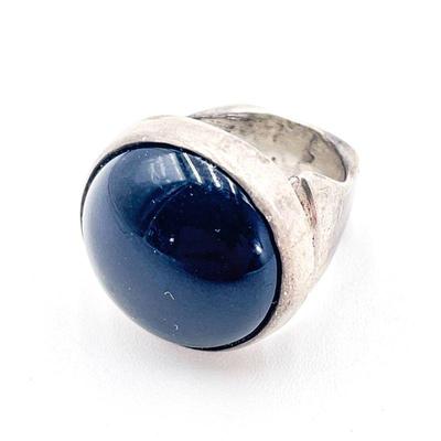 Sterling Silver Ring With Round Black Cabochon Size 6.5