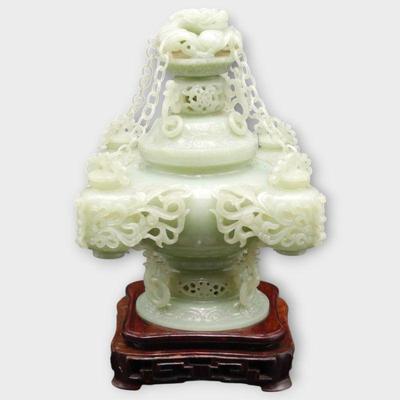 Jade Incense Burner with Dragon Motif on Wood Stand
