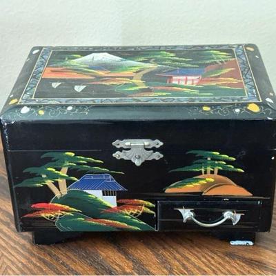 Vintage Japanese Black Lacquer and Abalone Inlay Musical Jewelry Box