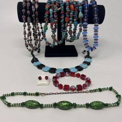 Vintage Jewelry- Coral and Turquoise Necklace, Sterling Silver and Gemstone Earrings, and Beaded Necklaces