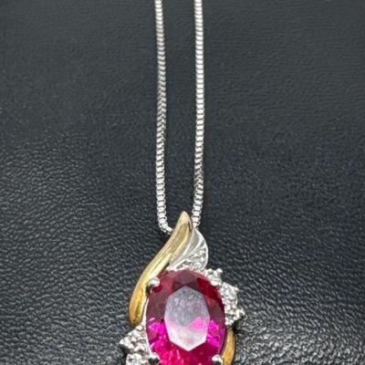 10k Gold and Sterling Silver Necklace with Ruby Colored Stone